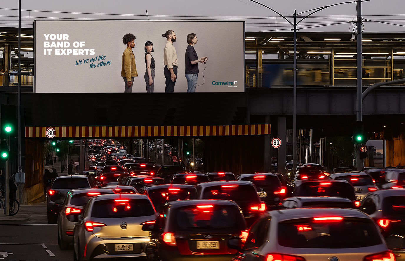 road, advertisement, person, car, vehicle, traffic jam, license plate, light, traffic light, bicycle
