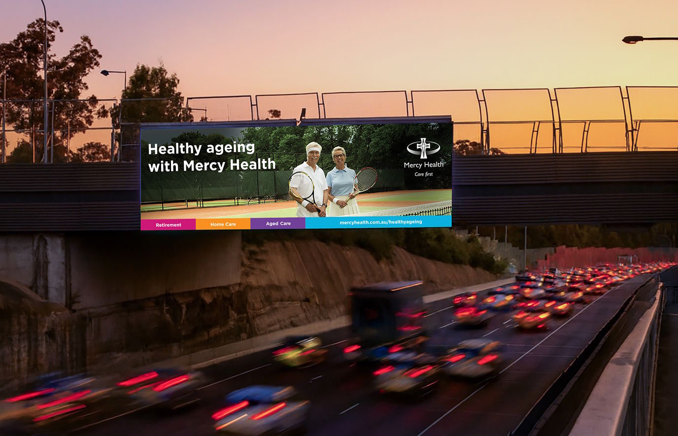 road, advertisement, freeway, person, car, vehicle, tennis, tennis racket, clothing, hat