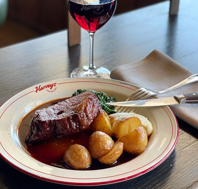 food, food presentation, plate, beef, meat, knife, weapon, bread, dining table, fork
